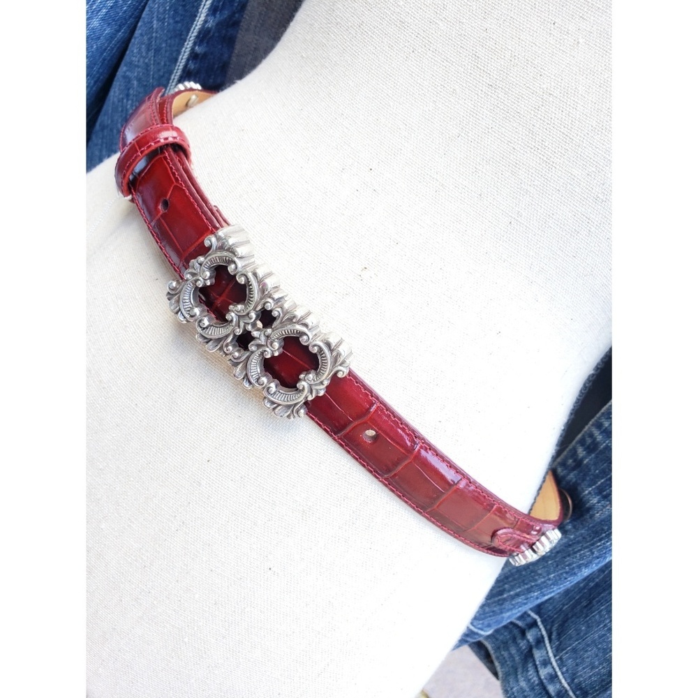 Brighton Red Leather belt with Silver Damask Etch